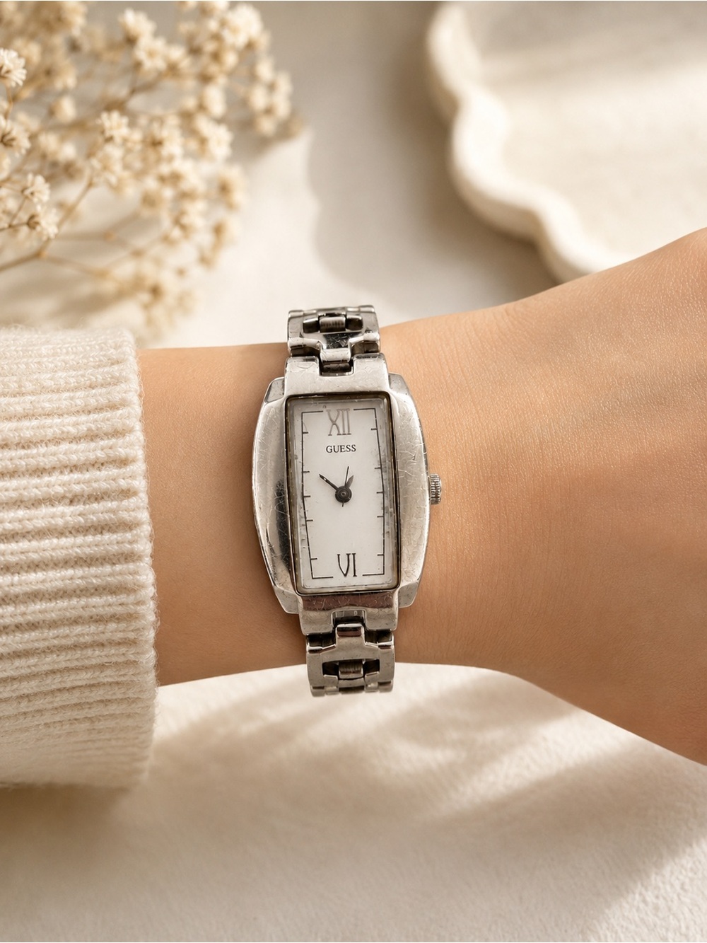 GUESS Vintage Women's Silver Rectangular Link Watch with White Dial